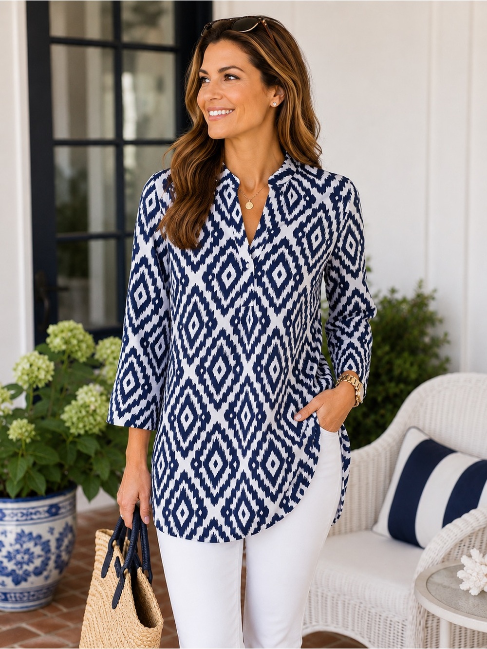 Brooks Brothers 346 Blue & White Ikat Print Tunic Top Women’s Large Coastal Prep